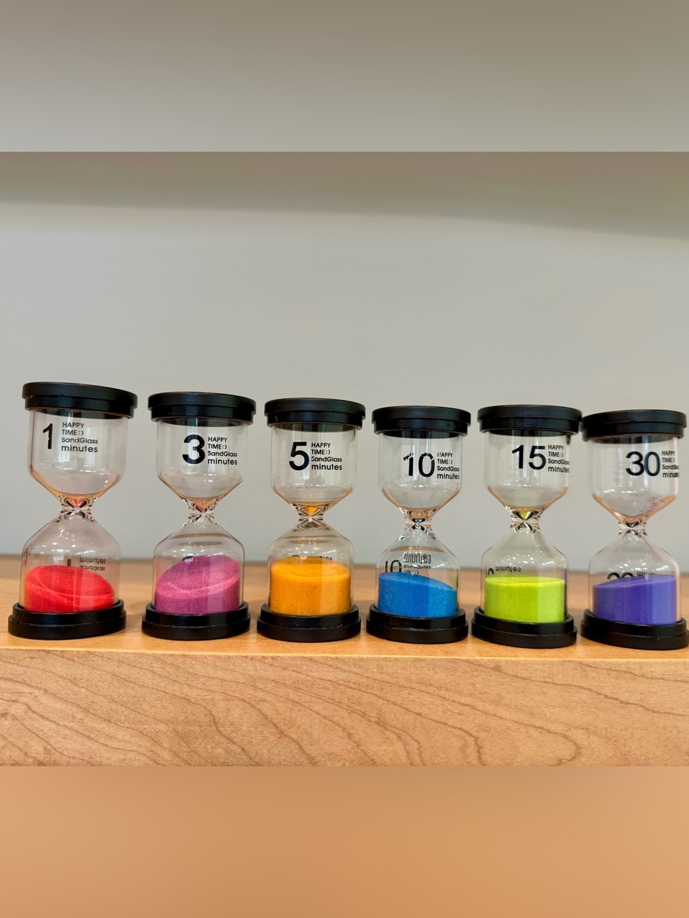 Set of 6 Colorful Sand Timers - 1, 3, 5, 10, 15, 30 Minutes